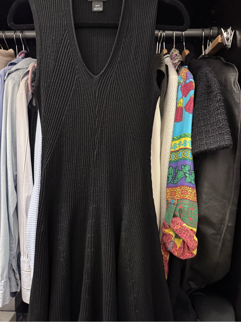 Black Ribbed V-Neck Knit Dress